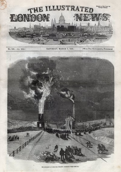 イギリス・バーンズリーのルンドヒル炭鉱（Lundhill）での爆発事故。ある新聞。3月7日付「The Illustrated London News」に掲載されたエングレーヴィング 作： Unknown artist
