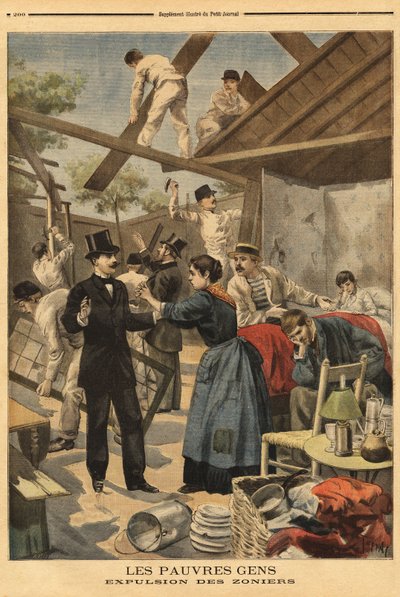 ジェンティイ門の軍事地帯に設置されたバラックの追放と要素。1895年6月23日、「Le petit journal」に掲載されたイラスト。 作： Unknown artist