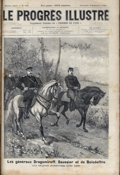 FRANCO-RUSSIAN RELATIONS - フランスのソーシエ将軍とロシアのドラゴミロフ将軍 ミハイル・イワノビッチ・ドラゴミロフ(Michael Ivanovich Dragomiroff)(1830-1905)とラウル・フランソワ・シャルル・ムートン・ド・ボワスデフレ(Raoul Francois Charles Le Mouton de Boisdeffre)が、ヴォージュでの陸軍演習の際に。 作： Unknown artist