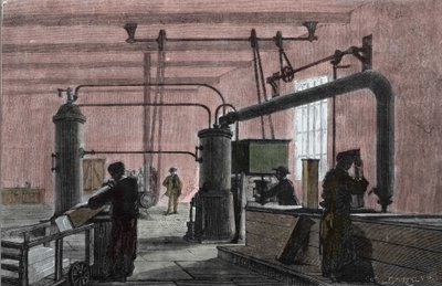 フェルディナンド・カレ（1824-1894）のシステムによる氷の製造工場。19世紀のエングレービング。 作： Unknown artist