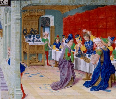 孔雀が食卓に供される饗宴の食事風景。カリステネス（Kallisthenes）の「La Vraye Histoire du Bon Roy Alixandre」から引用されたミニチュア（紀元前360～328年頃）。 作： Unknown artist