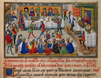 アレクサンダー王の晩年に、王と廷臣たちに振る舞われた饗宴の食事風景。カリステネス（Kallisthenes）の「La Vraye Histoire du Bon Roy Alixandre」から引用されたミニチュア（紀元前360〜328年頃）。 作： Unknown artist