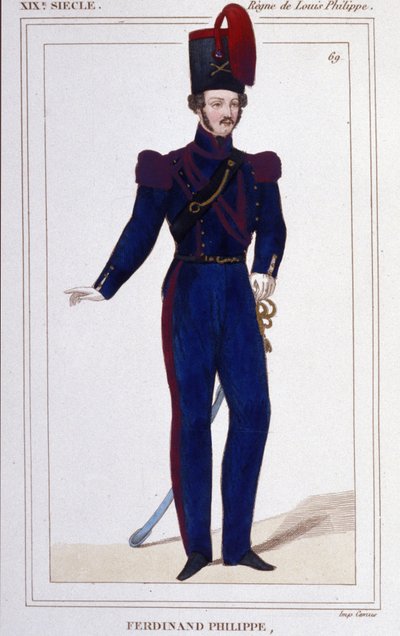 フェルディナンド・フィリップ（Ferdinand-Philippe） ルイ、シャルトル公、オルレアン公（1810-1842）。フランス国王ルイ・フィリップ1世（ルイ・フィリップ）の息子であるフランスの王子。1850年に描かれた版画 作： Unknown artist