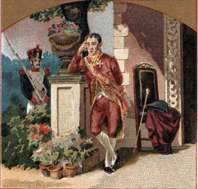スペインのフェルディナンド7世（1784-1833）がナポレオン1世の捕虜となり、ヴァランカイ城（インドール）にいる様子。19世紀末のクロモリトグラフ 作： Unknown artist