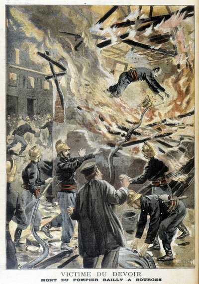 消防士のBaillyはBourgesで介入中の火災で死亡。1898年の "Little Journal "のイラスト。 作： Unknown artist