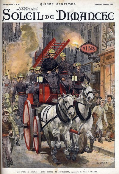パリの火事：消防隊の警報。12月3日付「Le sun-du-dimanche」に掲載されたエングレーヴィング 作： Unknown artist