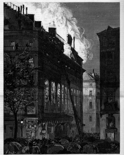 1887年5月26日、マリヴォー通りとイタリア人大通りから見たパリのオペラ・コミック(Opera-Comique)の火災。Le monde illustrious "に掲載された版画 作： Unknown artist