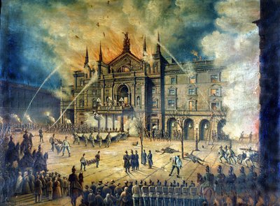 1881年のウィーン・オペラ座Wiener Ringtheaterの火災。19世紀のドローイング 作： Unknown artist