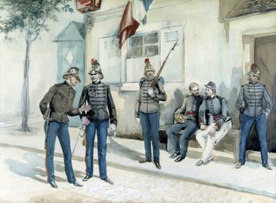 1870年、バラックの前に立つ消防士たち 作： Unknown artist