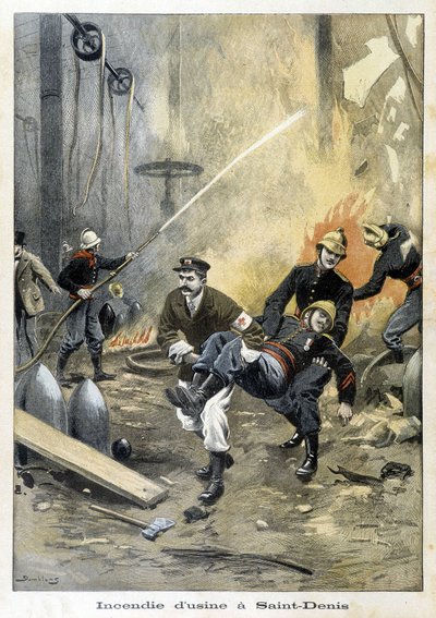 サン・ドニのウシーヌで起きた火災に介入する消防士たち。1899年の "Petity Journal "のイラスト。 作： Unknown artist