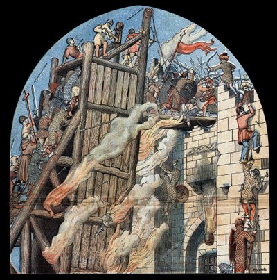 第一回十字軍：1099年にゴデフロイ・デ・ブイヨン（1058-1100）率いる十字軍がエルサレムを包囲し、攻略すること。 作： Unknown artist