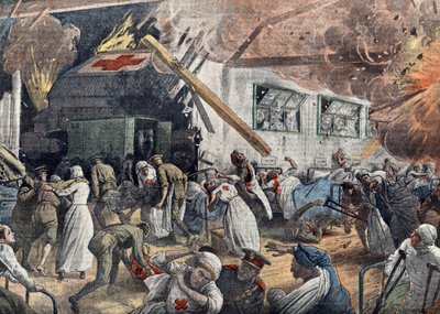 第一次世界大戦：1918年6月、ドイツ軍飛行隊によるイギリスの病院への爆撃 イラスト：「Le pelerin」18/06/1918より 個人蔵 作： Unknown Artist