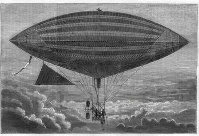 10月8日（月）にアルベール（1839-1906）とガストン・ティサンディエ（Tissendier）（1843-1899）フランスの科学者、雑誌「La Nature」の編集者によって実験された、初の電気式エアロスタットのヘリコプタ。 作： Unknown artist