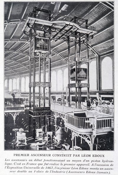 1867年の万国博覧会でレオン・エドゥーが製作した最初のエレベーター 作： Unknown artist