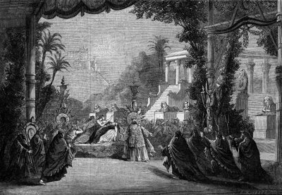 1863年にパリのオペラ劇場で初演された、ヘクトール・ベルリオーズのオペラ「レ・トロイアン」。第5幕。ディドンの死。 作： Unknown artist