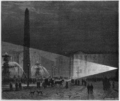 1844年12月1日、パリのコンコルド広場で、ドゥルイユとレオン・フーコーが初めて一般に電気照明を体験した。科学とその芸術・産業への応用についての批評。 作： Unknown artist