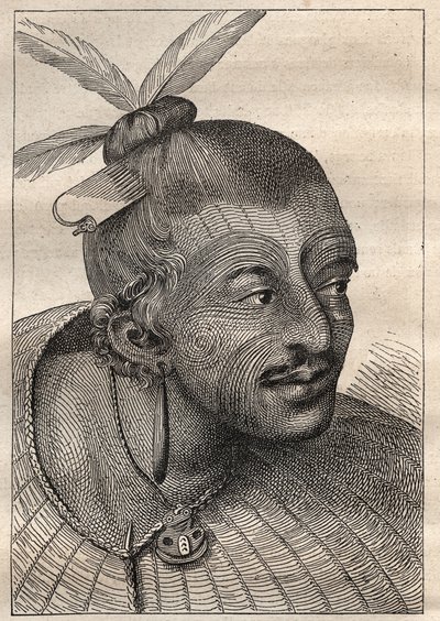 キャプテン・ジェームズ・クック（1728-1779）の第一回目の航海（1768-1771）：ネオ・ゼランディス（Neo Zelandais）の刺青された頭部 - イラストは "The Great Mariners of 18th century "より引用 作： Unknown artist