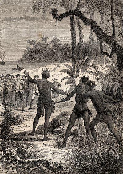 キャプテン・ジェームズ・クック（1728-1779）の第一回目の航海（1768-1771）：クックと10人の船員がニューギニアの子午線方向の海岸を航行中、3人のインディアンが大きな叫び声を上げて森の中から立ち上がった-イラストは "The Great Mariners of 18th century "より引用 作： Unknown artist