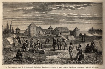 1847年に設立されたアラスカのノートン湾にあるフォート・ユーコンは、ハドソン・ベイ・カンパニーの施設で、柵の周りにはインディアンが陣取っている。フレデリックによる英領コロンビア、バンクーバー島、アラスカでの航海と冒険を説明するためのエングレーヴィング。 作： Unknown artist