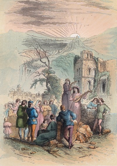 中世のフランス。十字軍に参加する刺激的な人々を探す。テオドール・ジュスト（1818-1888）の「Histoire de Belgique from the primitive times to the end of the regne of Leopold I」に掲載されている1868年のエングレーヴィング。個人蔵。 作： Unknown artist