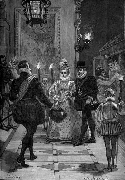 フランス、16世紀後半。フランス王アンリ4世（1553-1610）（反対側）と詩人セオドア・アグリッパ・ドービーニュ（1552-1630）の出会い。19世紀のエングレーヴィング。ジュール・ミシュレ著『フランス史』より 作： Unknown artist