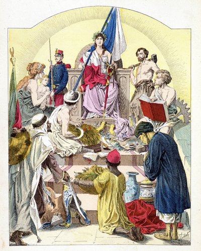 擬人化された植民地に囲まれたマリアンヌの特徴を持つフランス（E. Grobet著「Histoire de France」、1915年頃）。 作： Unknown artist