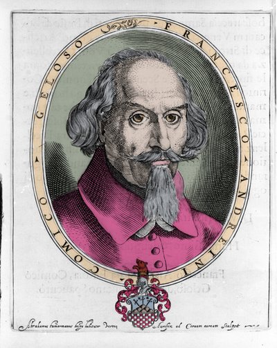 フランチェスコ・アンドレーニ（1548年頃～1624年） イタリアのコメディア・デラルテの俳優・劇作家。1624年、ヴェネツィアの「スパヴェント大尉の髪型」に掲載された版画 作： Unknown artist