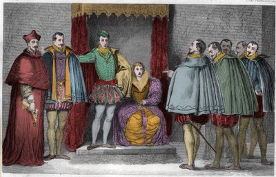 フランシスコ2世（1544-60）、議会の代議員にギーズ公と枢機卿が国家を統治すると伝える 作： Unknown artist