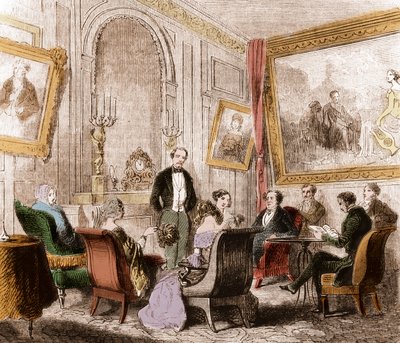 フランソワ・ルネ・ド・シャトーブリアン（1768-1848）（フランスの作家・政治家）がパリのセーブル通りにあるアビー・オ・ボワのレカミエ夫人の居間で「墓外の記憶」を読んでいる様子 - エングレーヴィング 作： Unknown artist