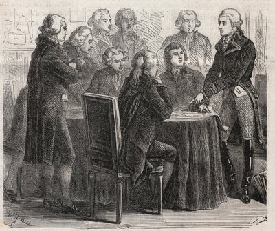 フランス革命。ルイ・マリー・ド・ナルボンヌ＝ララ伯爵（ナルボンヌ＝ララ）（1755-1813）が議会の委員会で計画を示している様子 - Engraving In "The Illustrous World" 作： Unknown artist