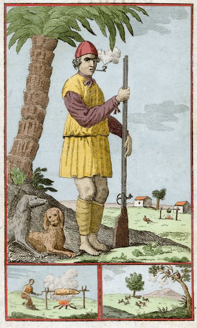 サント・ドミンゴ（ハイチ）から来たフランス人のブキャナン。Alexandre Olivier Exquemelin (1645-1710)の「Histoire des Aventurers Flibustiers et Boucaniers Signales Dans Les Indes」に掲載された版画。 作： Unknown artist