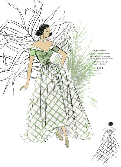 1940年代後半のフランスのファッション、ダンスドレスのデザイン。 作： Unknown artist