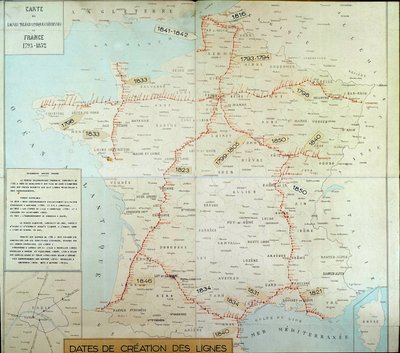 空中電信線が描かれたフランスの地理的地図。19世紀初頭のものです。パリ、郵便博物館（Musee de la Poste 作： Unknown artist