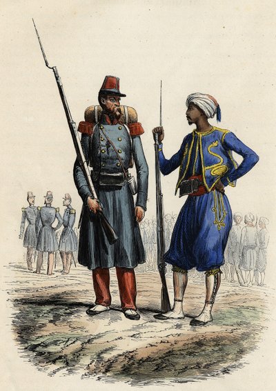 フランスの軍服。左は1831年に結成されアルジェリアに派遣された外国人部隊。右は1841年に訓練されアルジェリアに派遣された土着の騎兵。L