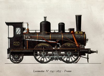 フランスの列車。1855年の機関車Numero 154。エングレービング。パリ、装飾美術 作： Unknown artist