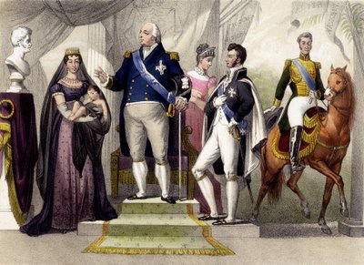 1814年から1830年まで。ベリー公爵夫妻、ルイ18世、ボルドー公爵、アングレーム公爵夫人、シャルル10世 19世紀のエングレーヴィング。 作： Unknown artist