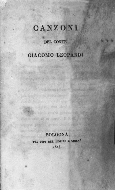 イタリアの詩人ジャコモ・レオパルディ（1798～1837）の「カンツォーニ（聖歌）」の扉（1824年）。 作： Unknown artist