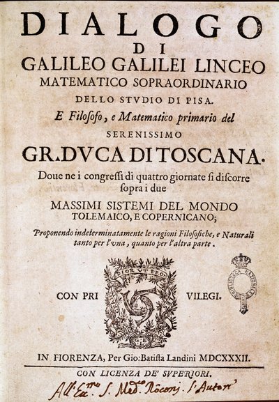 1620年頃、教皇ウルバン8世が天文学者・物理学者のガリレオ・ガリレイ（1564-1642）に依頼し、1632年に出版された「世界の二つの偉大なシステムに関する対話」（dialogo sopra i due massimi sistemi del mondo）の正面図。それは 作： Unknown artist
