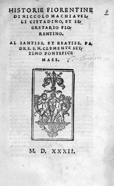 Historie Fiorentine di Niccolo (di Bernardo dei) Machiavelli (Nicolas Machiavelli) "の扉。 作： Unknown artist