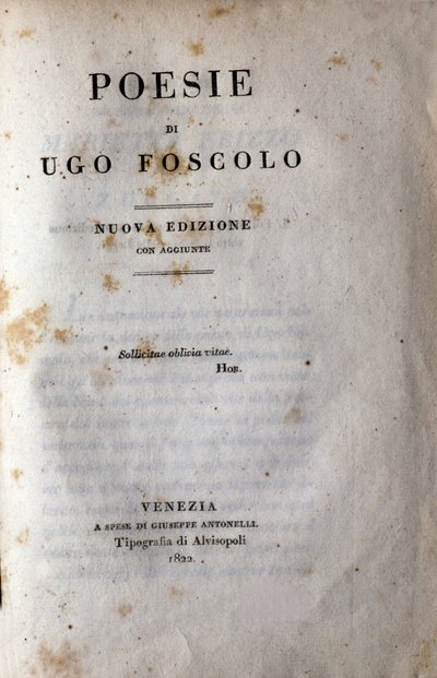 イタリアの詩人・劇作家ウーゴ・フォスコロ（1778-1827）の「ポエジー」の扉（1822年 作： Unknown artist