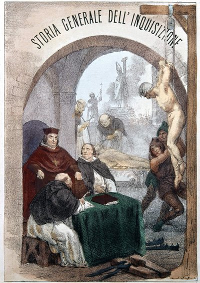 Pietro Tamburini著「The General History of the Inquisition」の表紙には、異端審問を象徴する場面を描いたイラストが描かれています。1850年のミラノ。 作： Unknown artist