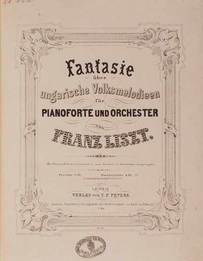 フランツ・リスト（1811-1886）の楽譜「ピアノと管弦楽のための幻想曲」の扉 19世紀 ボローニャ、civico museo musicale 作： Unknown artist