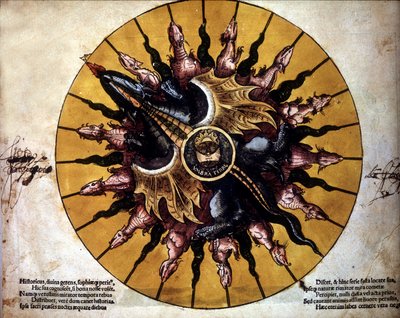P.アピアーノが書いたプトレメウス説に基づく天文学書 "Astronomicum Caesarium "の太陽を描いた正面図。 作： Unknown artist