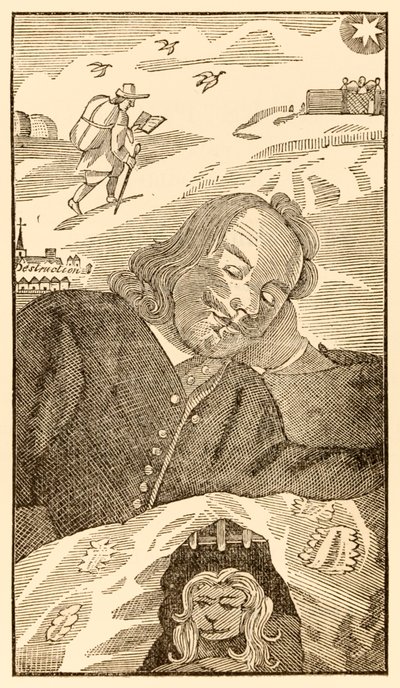 巡礼者のフロンティピースは、この世界から進歩し、ジョン・バニヤン（1628-1688）がこれからやってくるものへ、作者が彼の罪の知識に苦しむ巡礼者クリスチャンを夢見ることを示す 作： Unknown