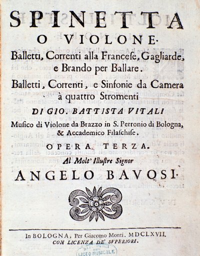 ジョヴァンニ・バッティスタ・ヴィターリ作「Balletsti, correnti alla francese opus 3」の楽譜の扉（リトグラフ）。 作： Unknown artist