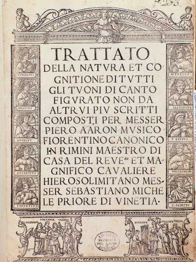 ピエトロ・アロンの「Trattato della natura e Cognizione di tutti gli duoni di canto figurato」の表紙またはタイトルページ。 作： Unknown artist