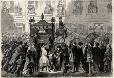 パリで行われたジョアッキーノ（ジョアキーノ）・ロッシーニ（1799-1868）のオブラートに包まれた葬儀のコルテージュ。"The Universe illustrious "に掲載されたエングレーヴィング 作： Unknown artist