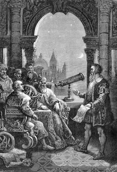 ガリレオ・ガリレイ（Galileo）が、ヴェネツィア総督のもとで最初の天文ベゼルを贈呈。 作： Unknown artist