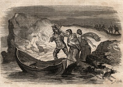 紀元前58～51年のガリア戦争。アリオヴィストゥス率いるドイツ民族に対するローマの勝利 - アリオヴィストゥスはライン川の再横断を余儀なくされた - Arioviste force de iron the Rhine - "Dictionnaire populaire illustrious" の刻印 - 1864年 - Joseph December と Edmond Allonier によるもの。 作： Unknown artist
