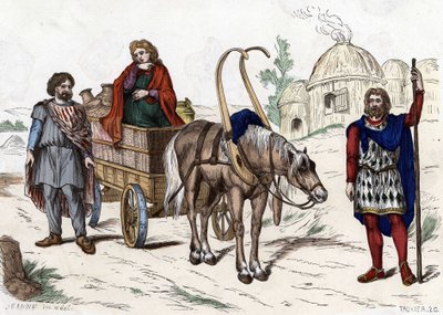 ガリア住宅、女性、農民、馬車、富農、馬具......「Les Costumes civil et militaryaires des Français dans travers les siècles Paris F. Roy 1882」に掲載。 作： Unknown artist